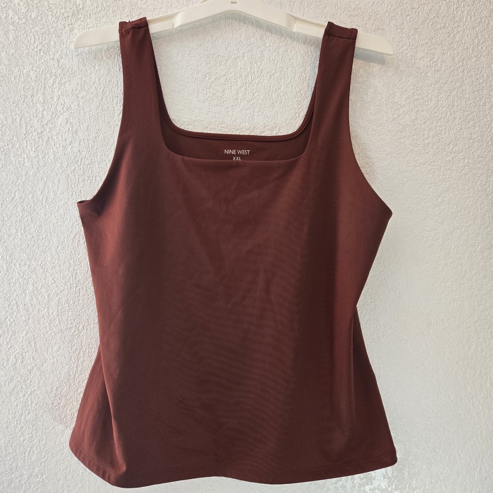 Nine West Tank Top Women XXL Rust Brown Stretch Sleeveless Square Neck‎ Basic